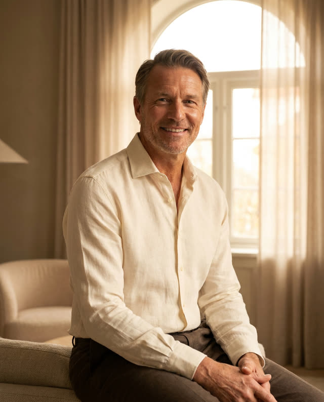 A smiling man in a linen shirt sitting in a sunlit room