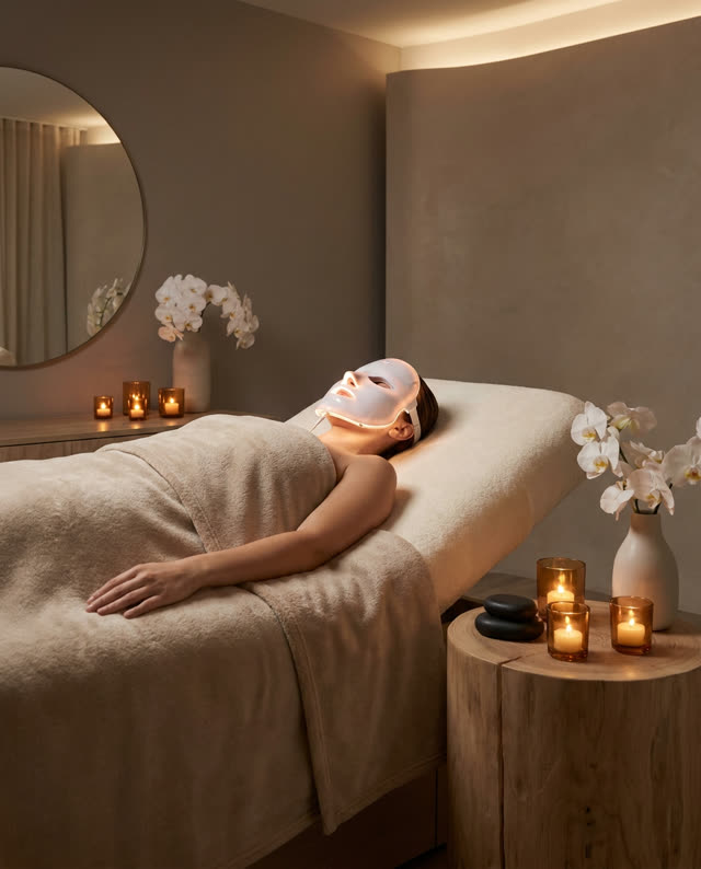 A woman relaxing under an LED light therapy mask in a candlelit treatment room