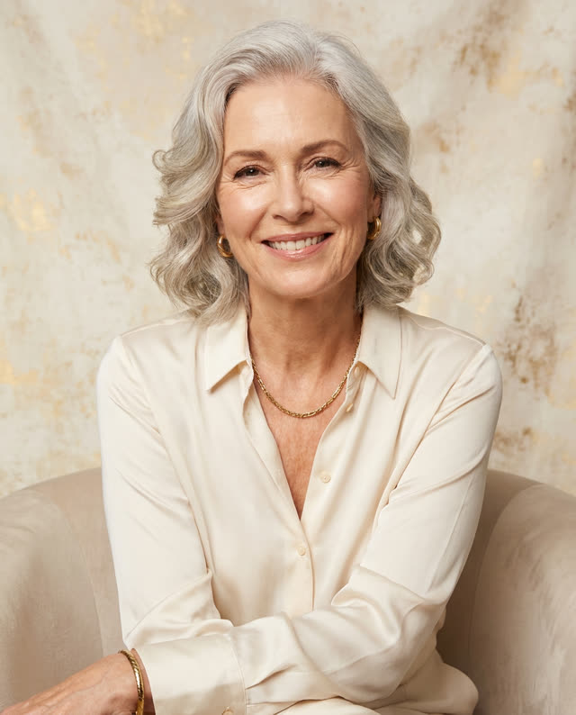 A smiling woman with silver hair in a cream silk blouse