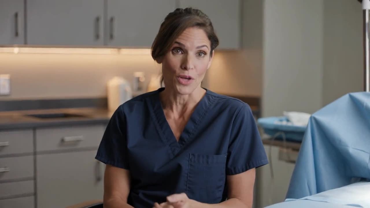 A surgeon in navy scrubs explaining a procedure in an exam room